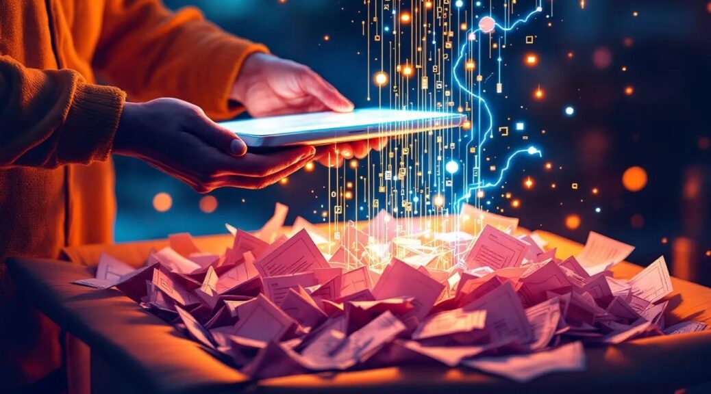 A person pouring data from a sleek tablet into a messy paper inbox — representing re-digitization where modern tech feeds old inefficiency.