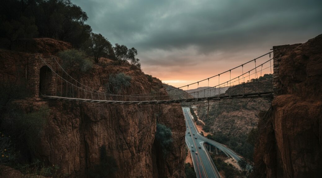 A flimsy rope bridge over a canyon next to a modern highway — symbolizing fake B2B collaboration versus seamless enterprise execution.