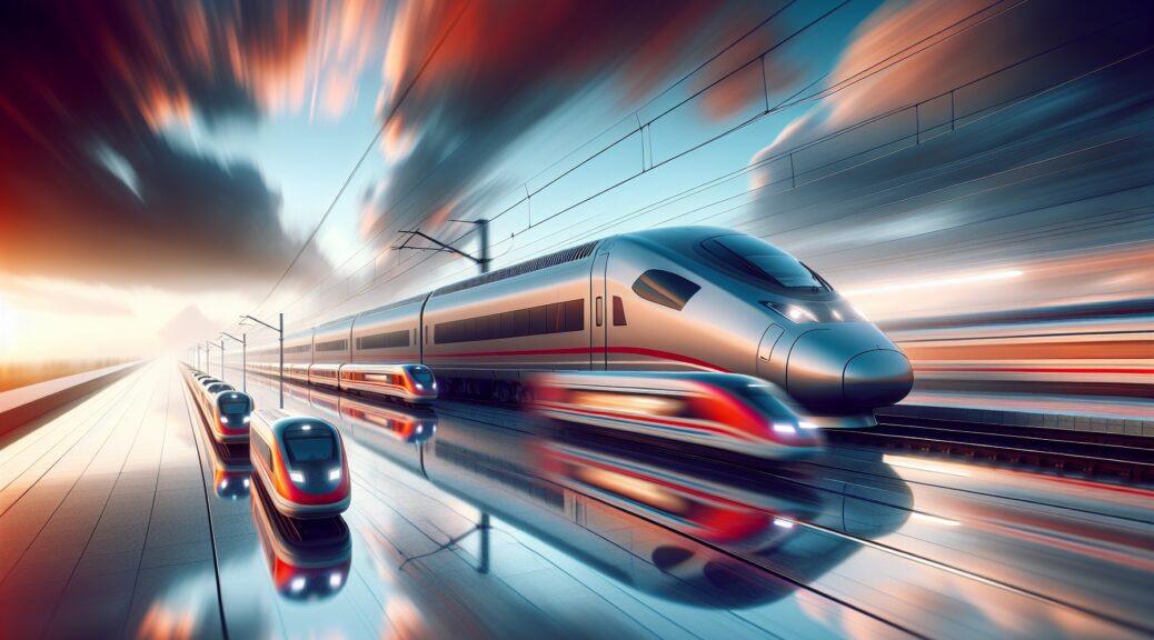A high-speed train stopped on the tracks while smaller trains pass by — symbolizing stalled digital transformation while nimble efforts advance.