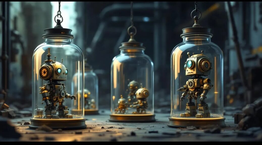Small robots trapped in separate glass jars — representing departmental RPA limitations and isolated automation.