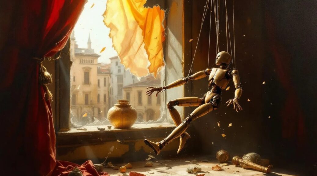 A puppet on strings being cut free — symbolizing event-driven AI escaping fragile, scripted control.