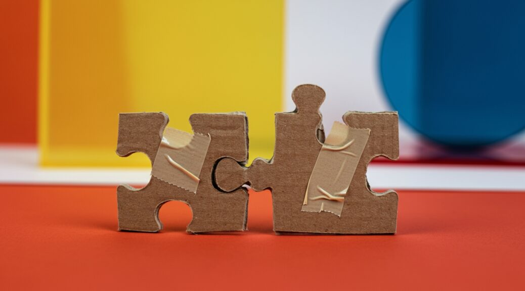 Two mismatched puzzle pieces stuck together with tape — symbolizing the crude fixes replaced by real-time enterprise pipelines.