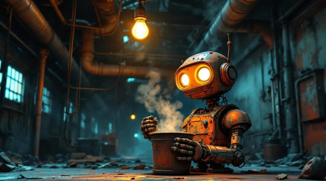 A robot holding a bucket under a leaking pipe, symbolizing how AI fails without strong execution infrastructure.