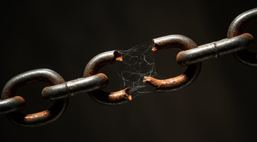 A chain with one broken link, symbolizing compliance risk from silos and the need for autonomous B2B automation.