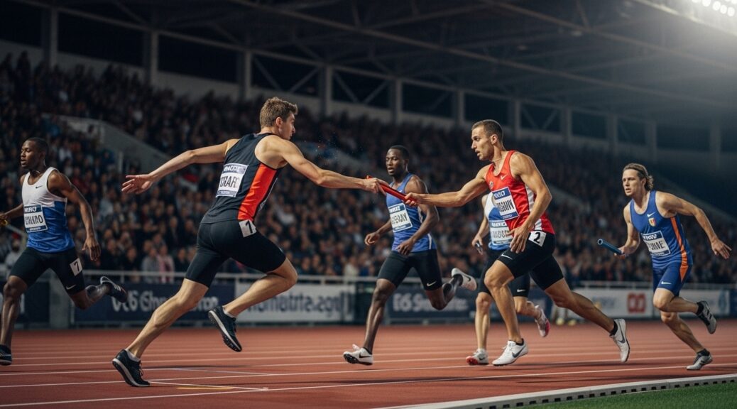 A relay race baton dropped between runners, symbolizing coordination in digital transformation failing at the last mile handoff.